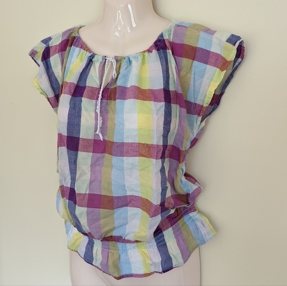 TOMMY HILFIGER colourful plaid peasant blouse top women's large - Picture 5 of 9